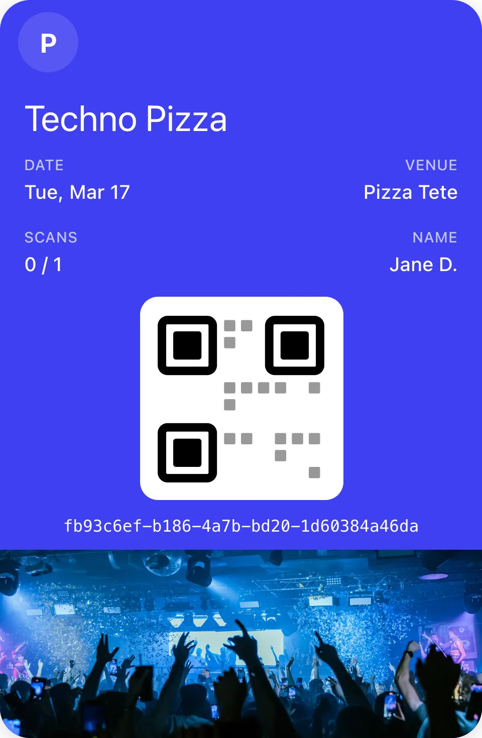 Event ticket pass with QR code and event details