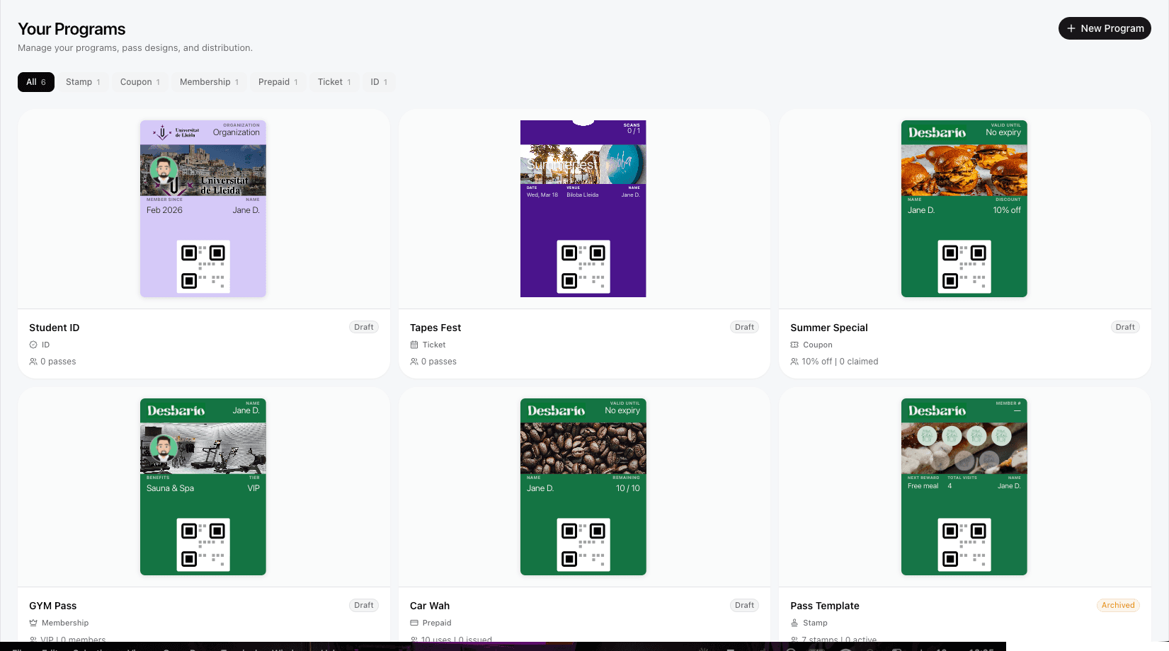 Loyalshy dashboard showing loyalty programs with beautiful card designs