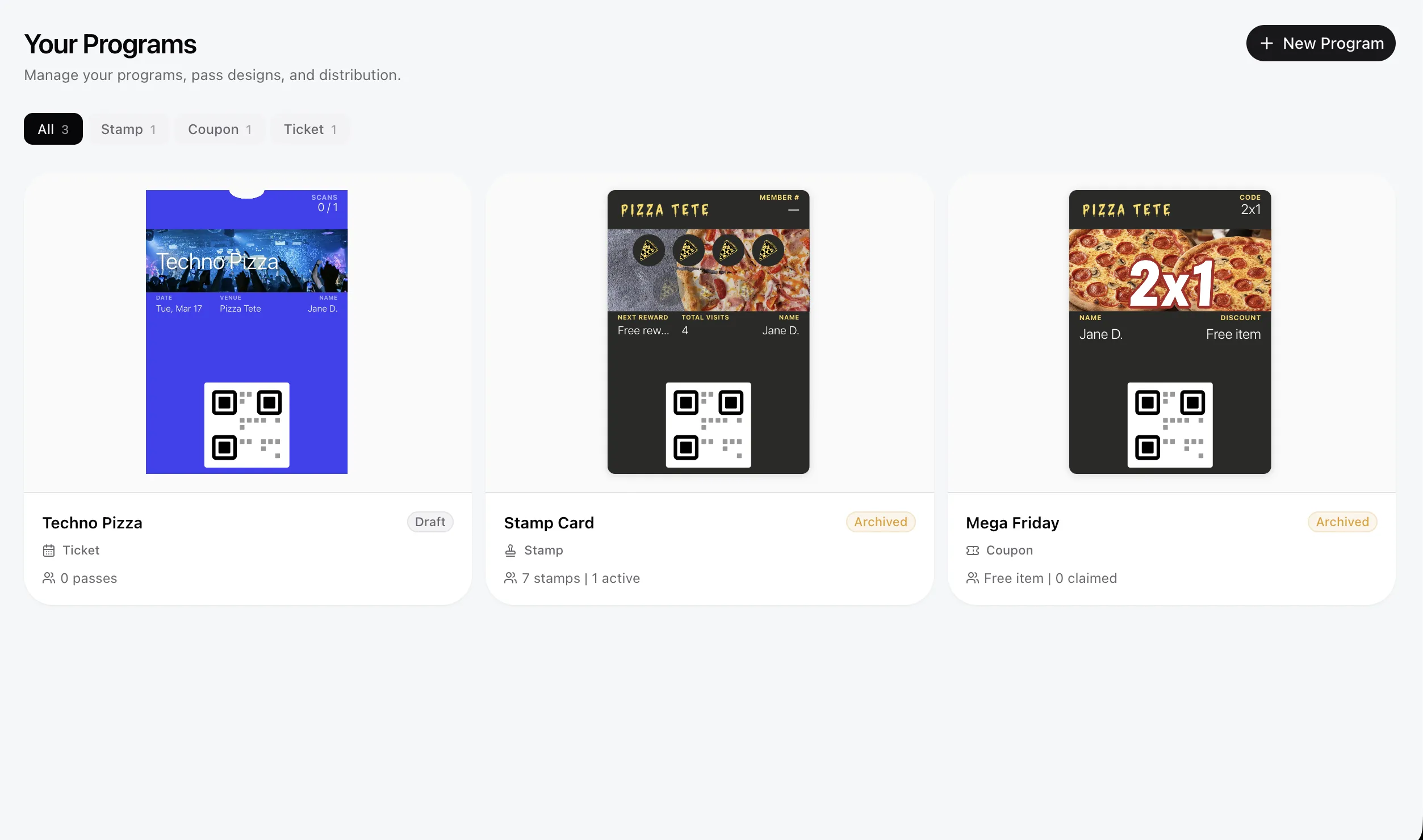 Programs grid showing different loyalty card types and designs