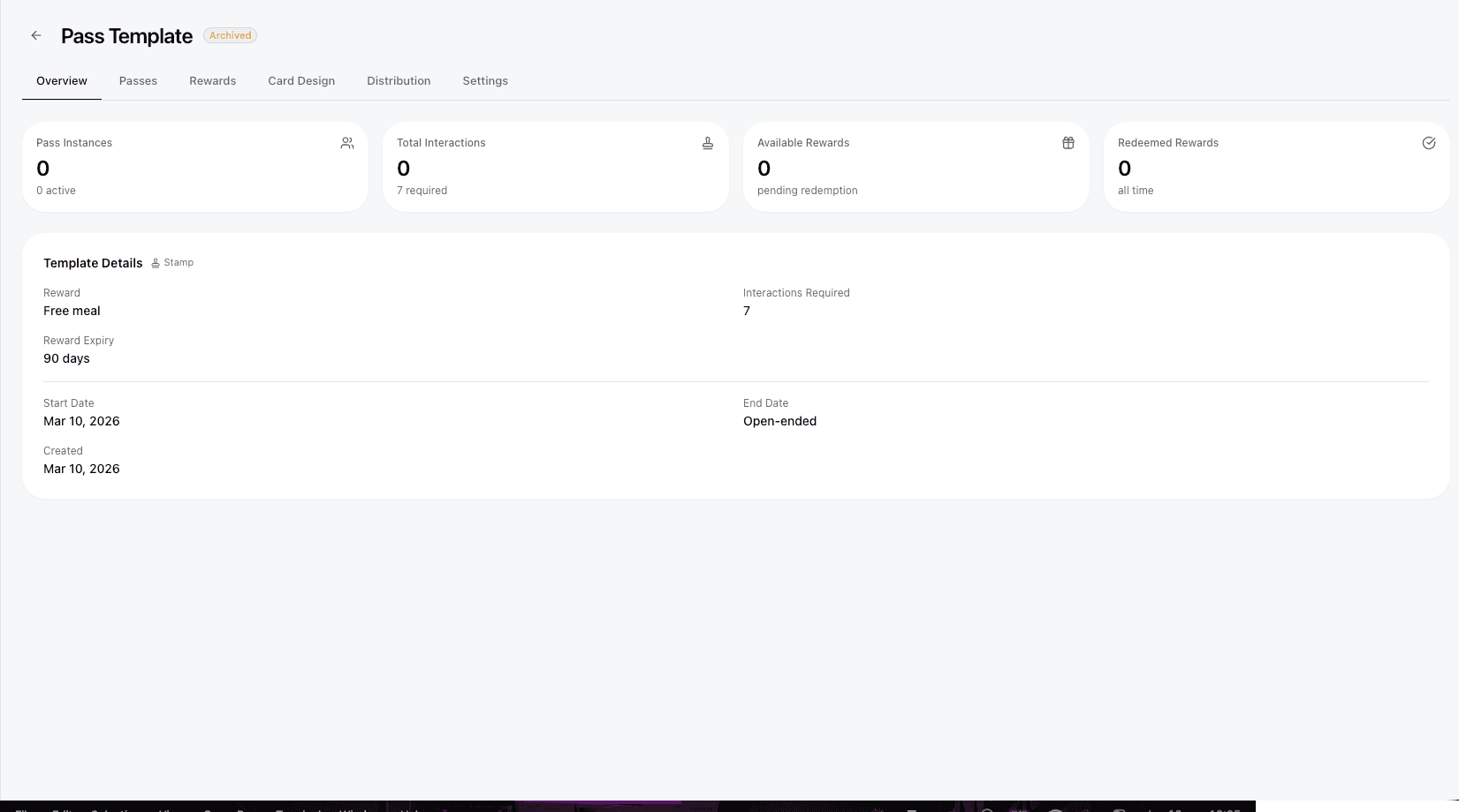 Program overview dashboard with stat cards and template details