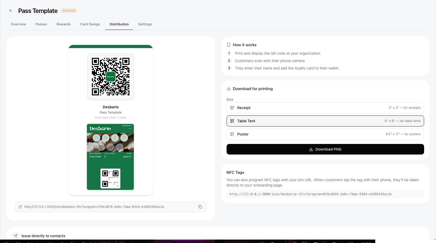 Distribution page with printable QR code and shareable link