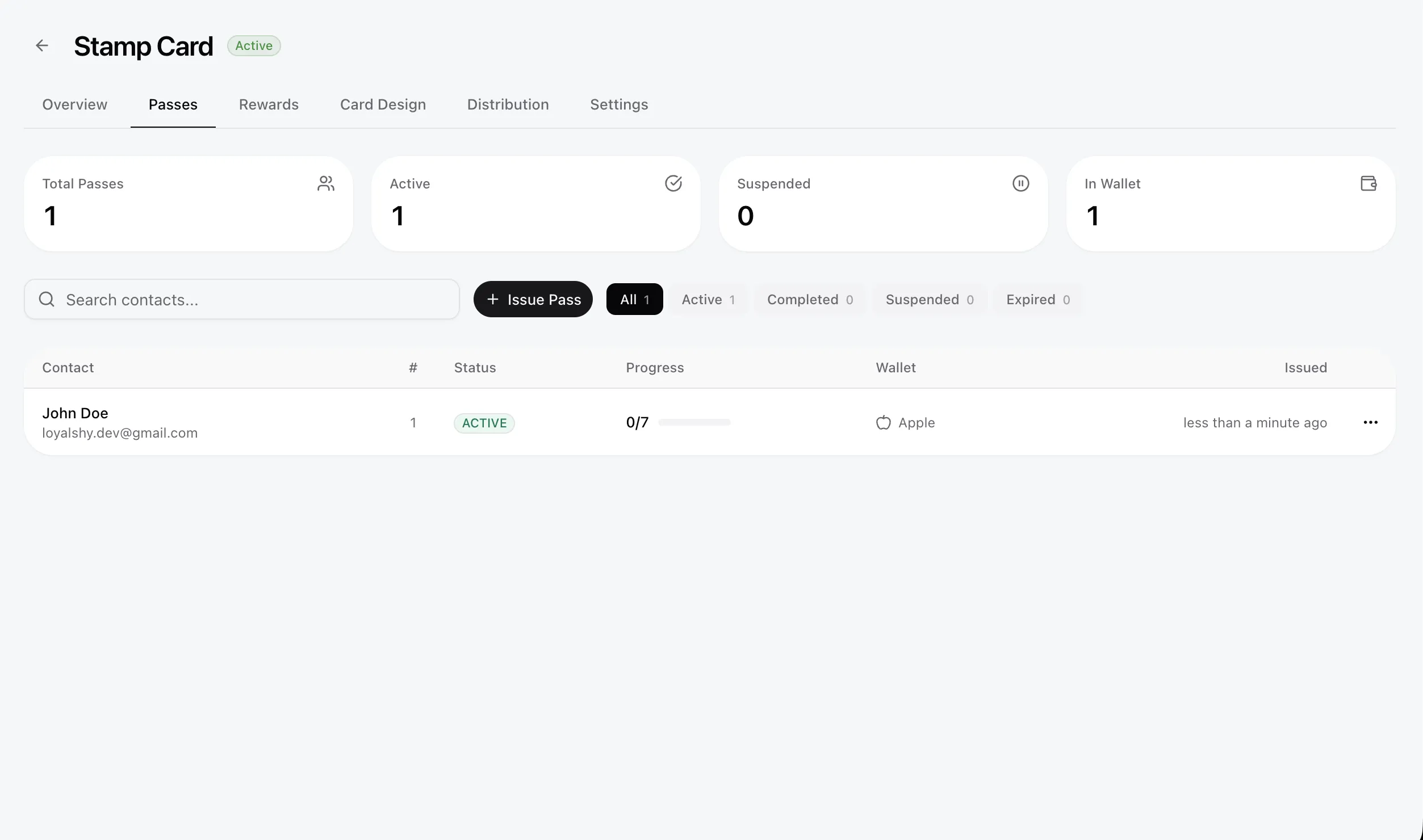 Pass instances list with status filters and search
