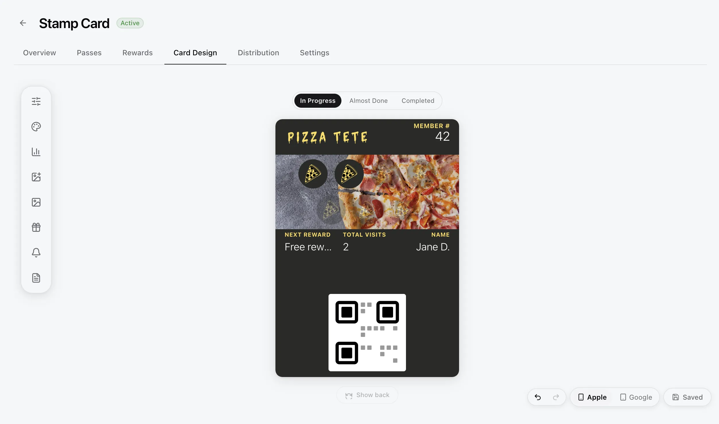 Card design studio with floating toolbar and live wallet pass preview
