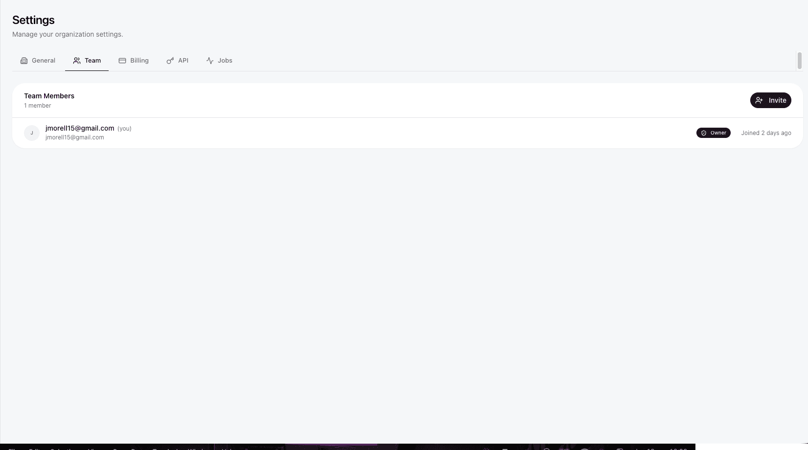 Team settings showing members with roles and invite button